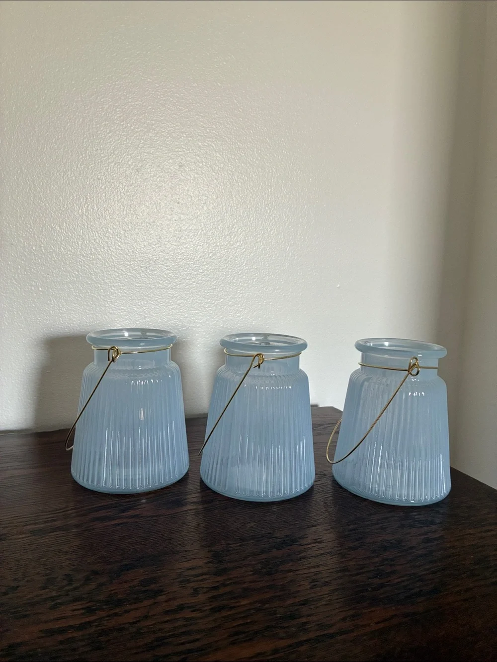 NWT- Set of 3- Light Blue Ribbed Glass Candle Holder Lanterns with Gold Handles